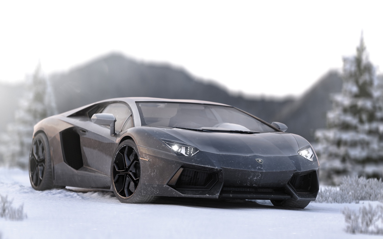Серый спортивный автомобиль Lamborghini Aventador на снегу