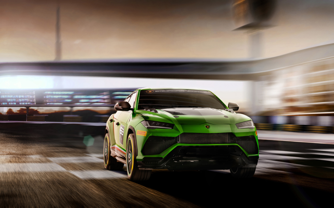 Зеленый внедорожник Lamborghini Urus ST-X Concept 2019 года на дороге