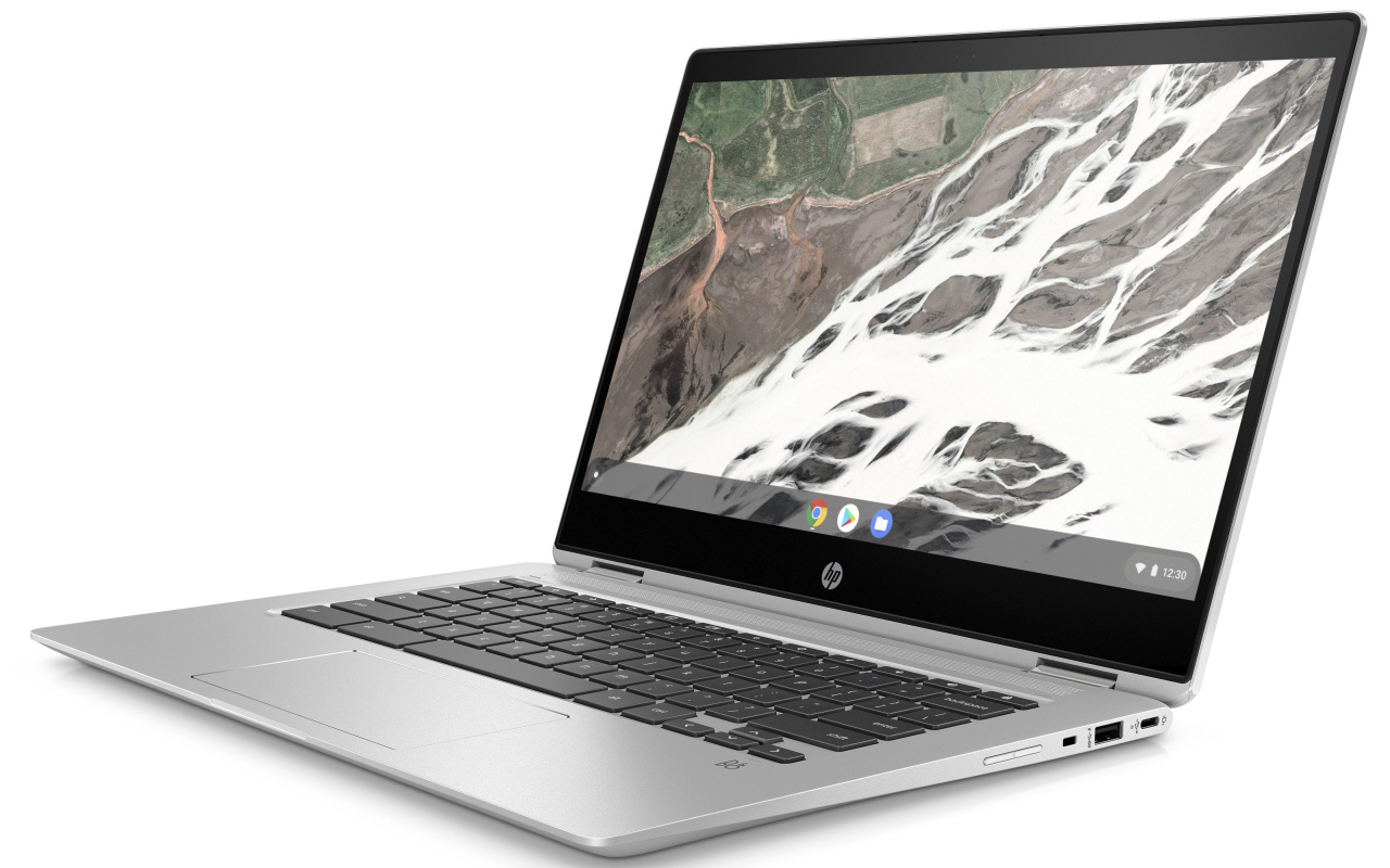 Портативный ноутбук HP Chromebook x360 14 G1 на белом фоне, CES 2019