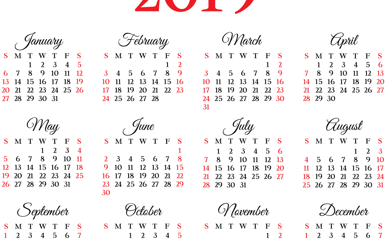 Календарь на 2019 года на белом фоне