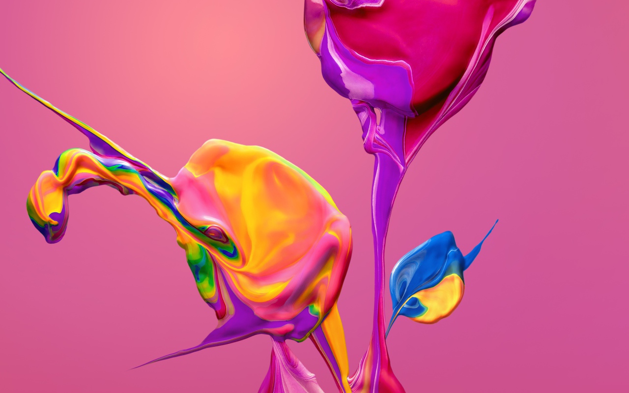 Разноцветные краски смешиваются на розовом фоне