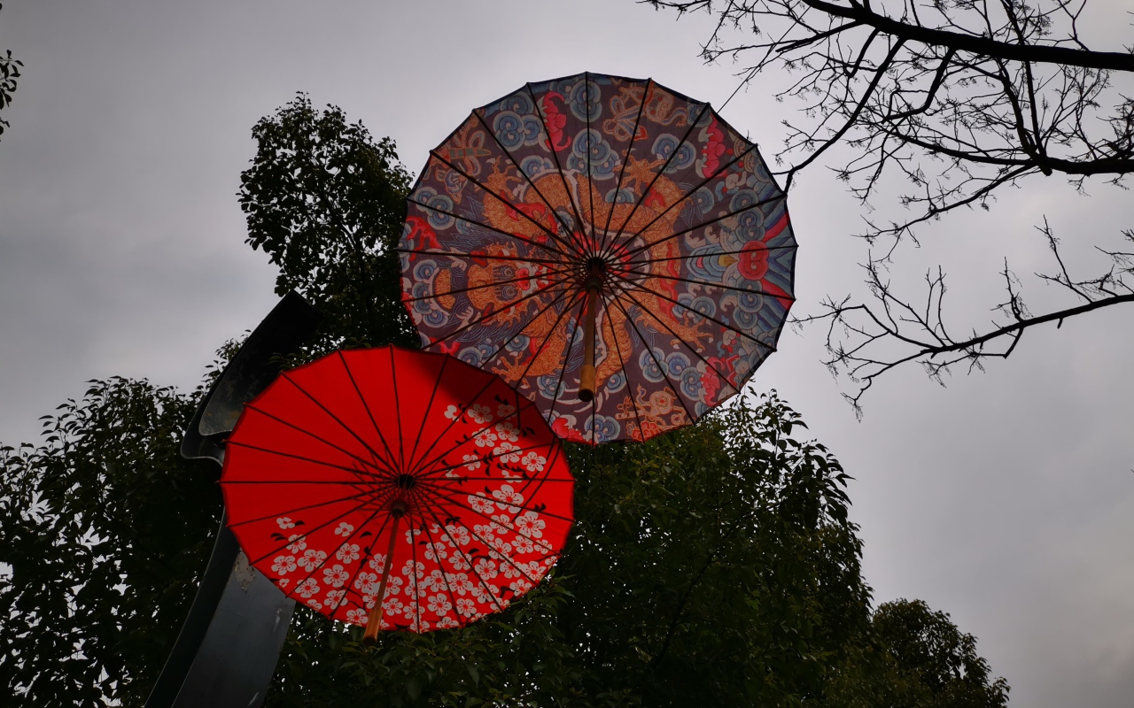 Два разноцветных японских зонтика на фоне неба