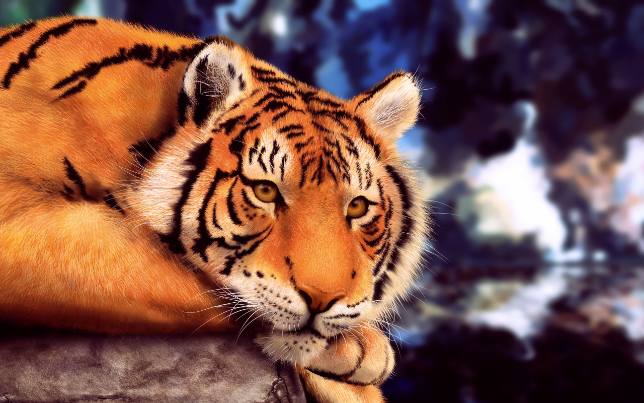 Большой нарисованный тигр лежит на камне