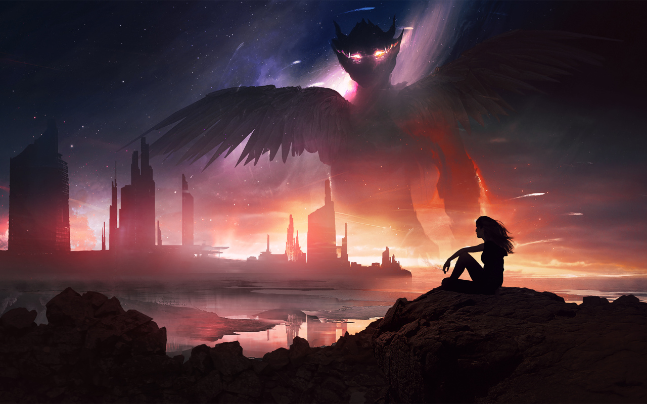 Девушка на камне на фоне фантастического дракона в небе 