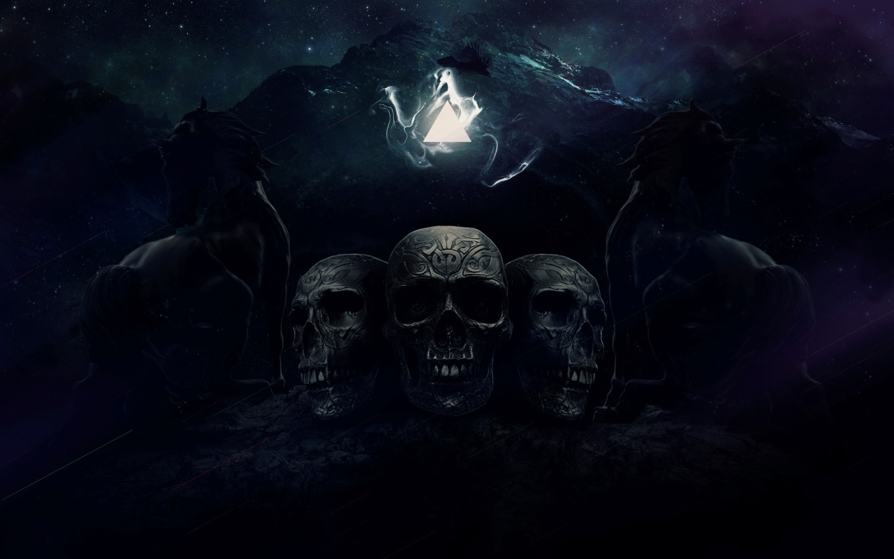 Три черепа на фоне гор с лошадьми, фэнтези