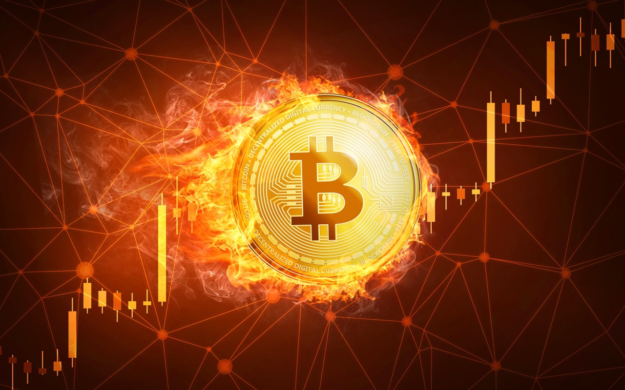 Монета Биткоин в огне на фоне сети 