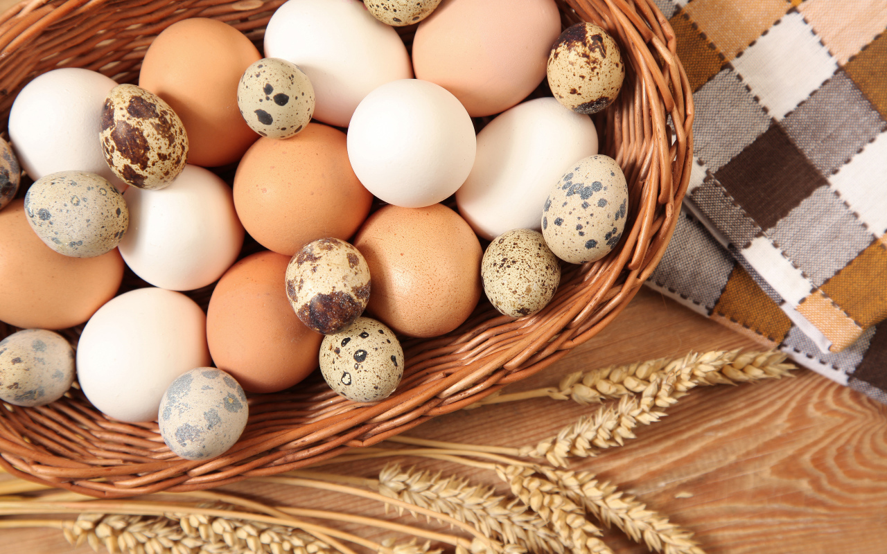 Куриные и перепелиные яйца в корзине на столе с колосками