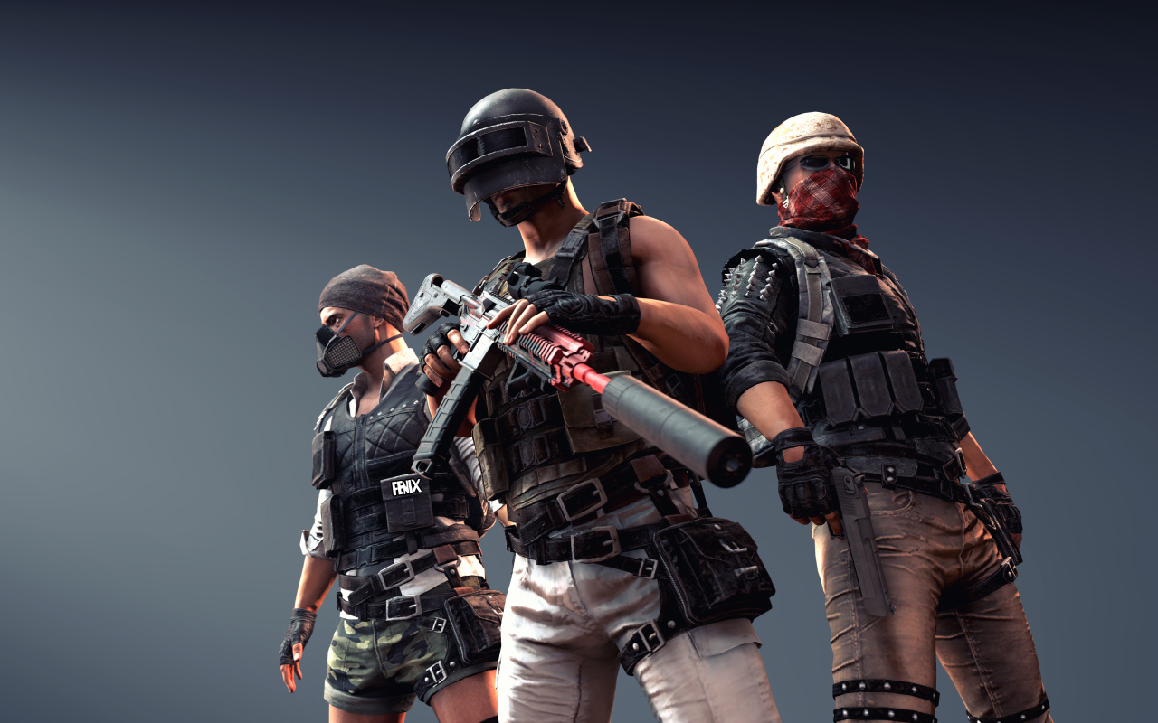 Персонажи компьютерной игры  PUBG на сером фоне