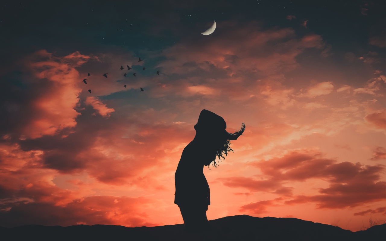 Silhouette of a girl on a sky background