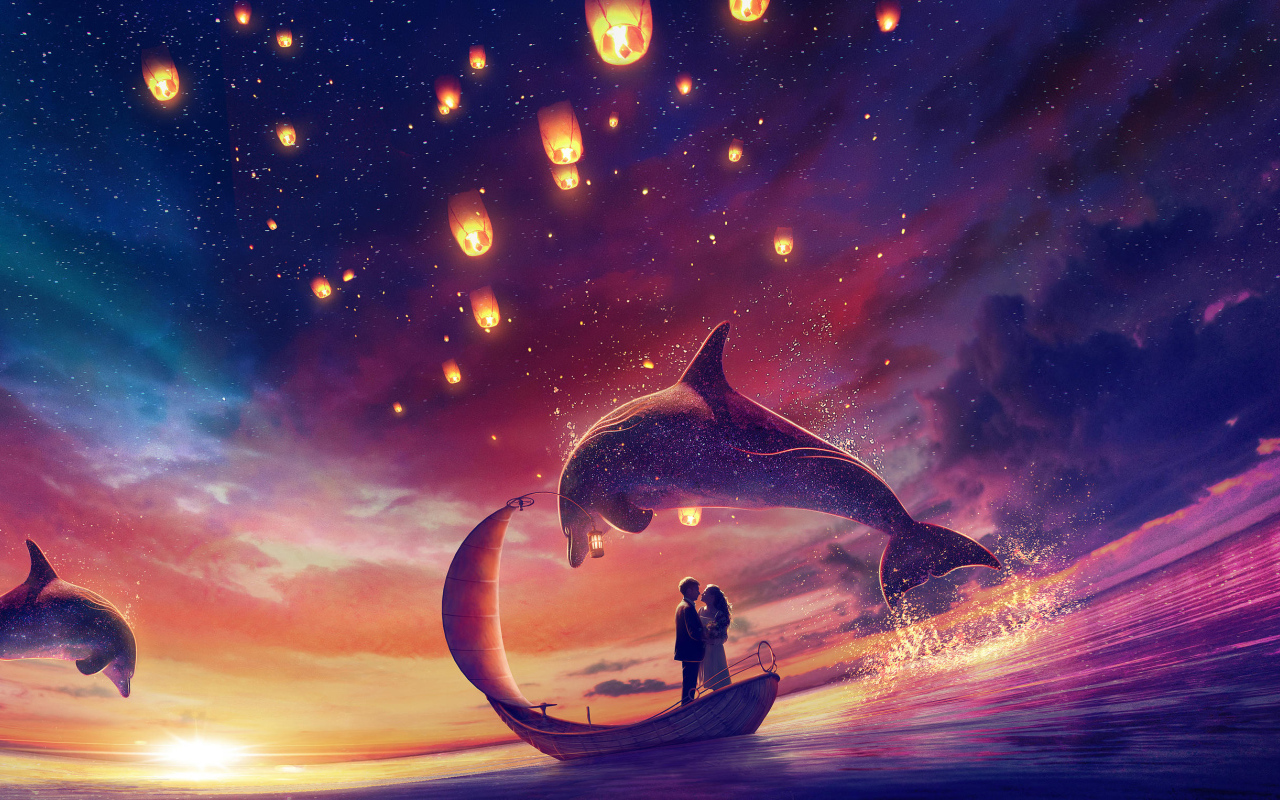 Влюбленная пара на лодке в воде с дельфинами