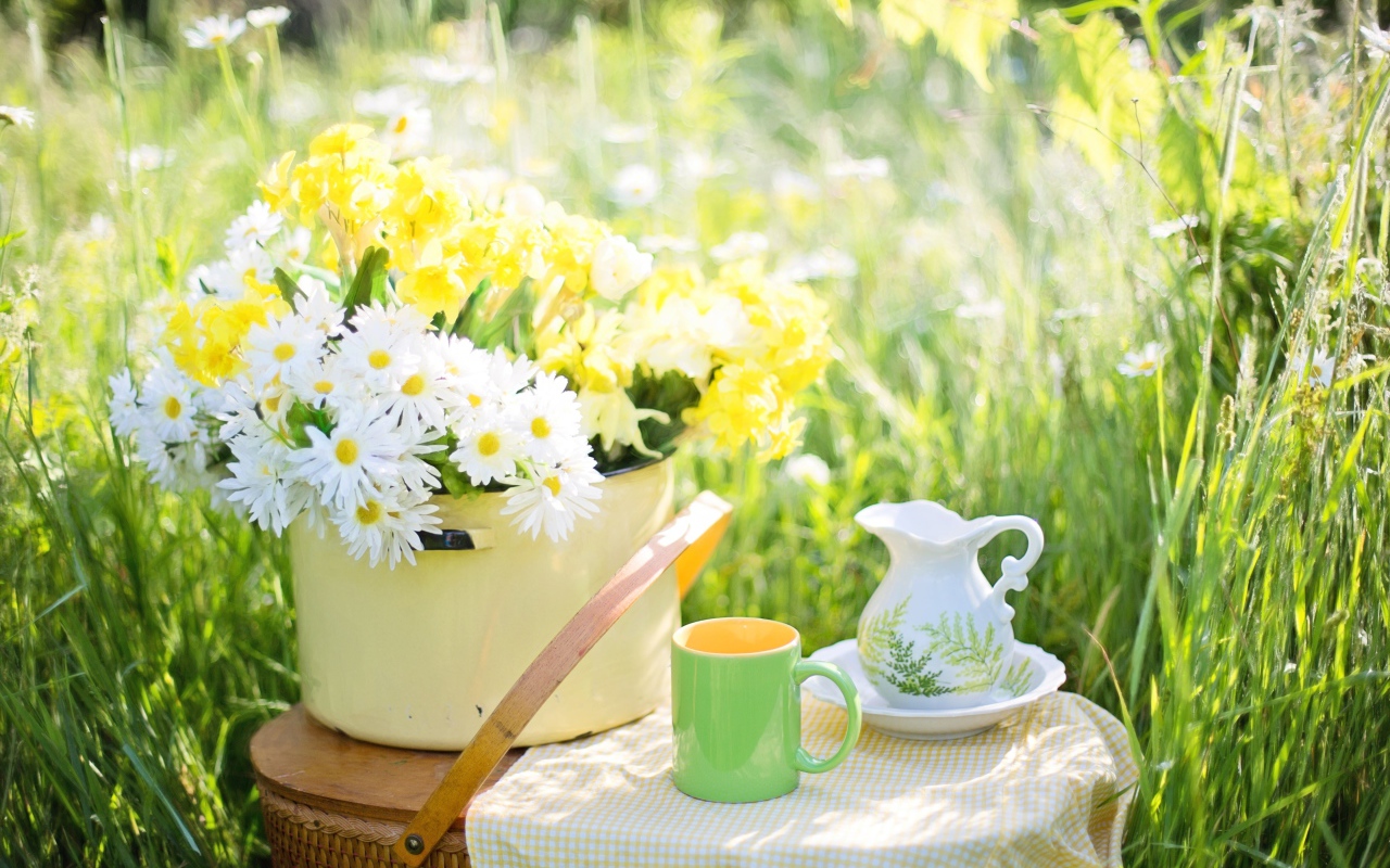 Букет цветов в кастрюле стоит на корзине 