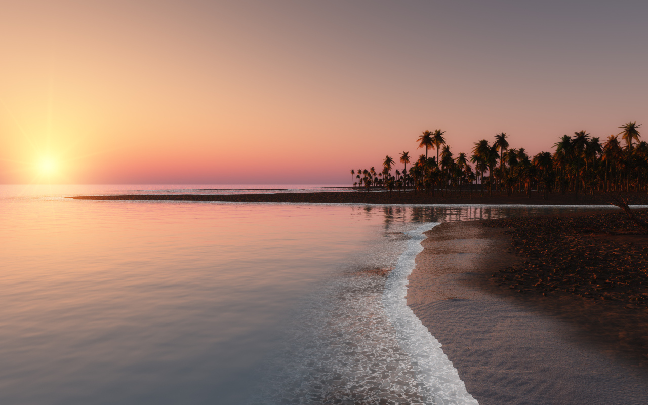 Закат солнца на горизонте у спокойного моря в тропиках 