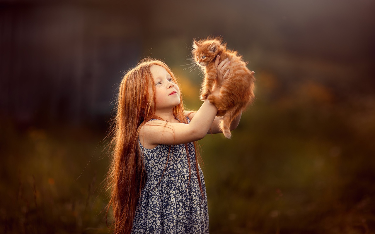 Маленькая рыжеволосая девочка с рыжим котенком в руках
