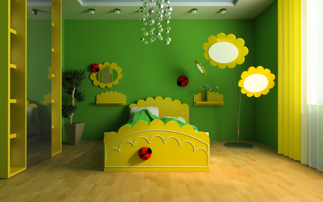 Красивая детская комната в зелено - желтом цвете интерьера