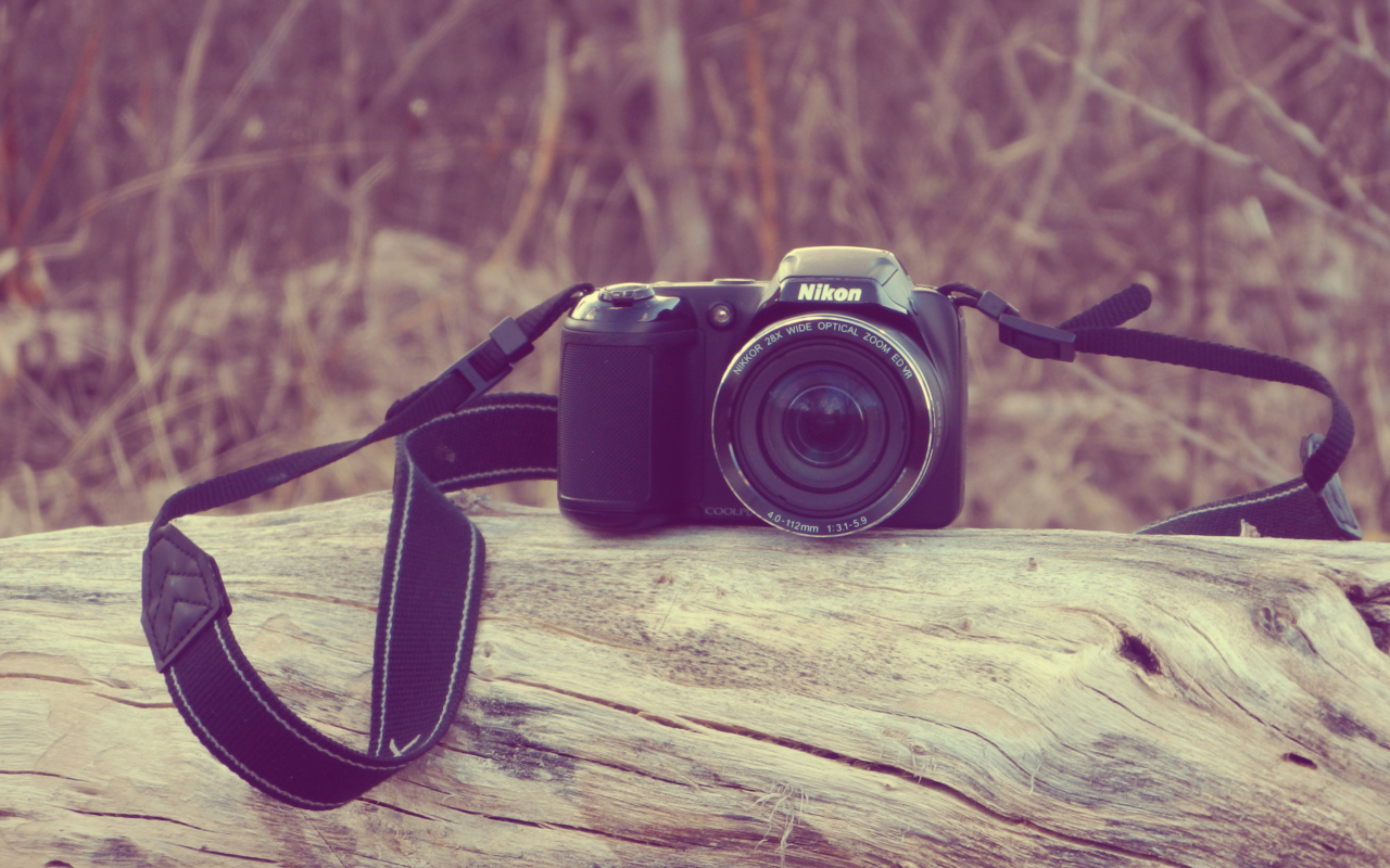 Фотоаппарат Nikon лежит на сухом дереве