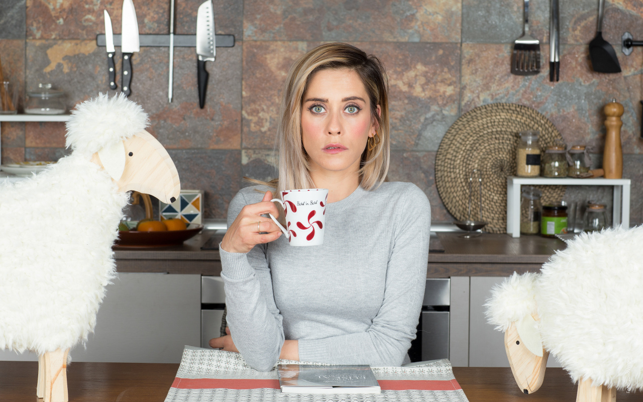 Испанская актриса Мария Леон сидит за столом с игрушечными овечками