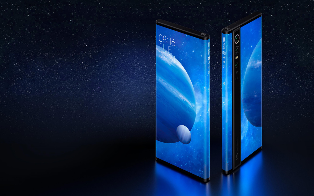Новый смартфон Xiaomi Mi Mix Alpha на синем фоне