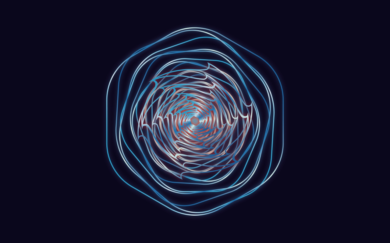 Неоновые фрактальные волны в рисунке на синем фоне