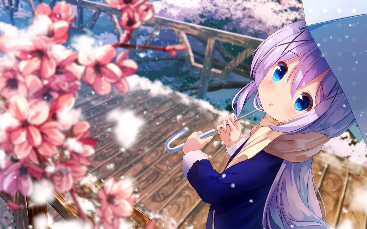 Anime girl with lilac hair under an umbrella