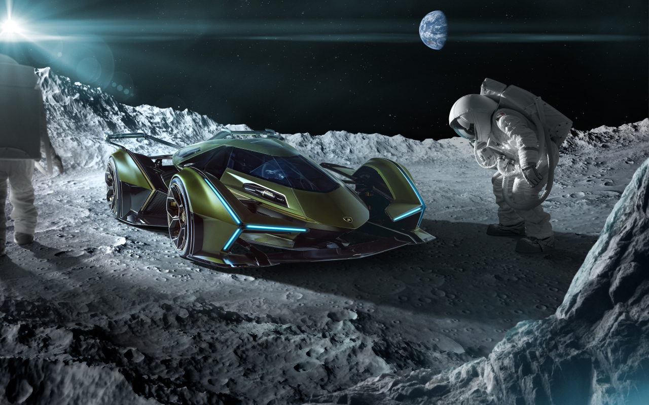 Спортивный автомобиль Lamborghini Lambo V12, 2019 года на поверхности луны
