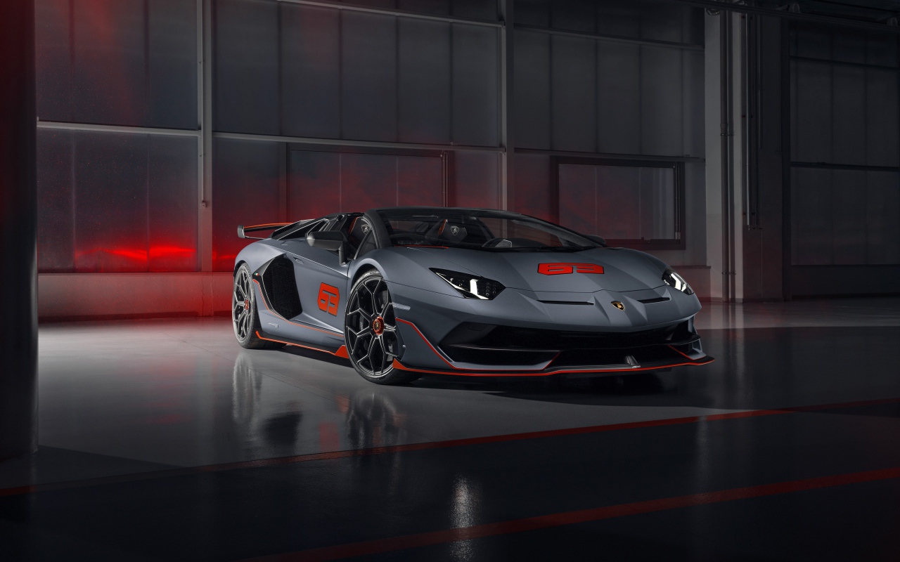 Серый спортивный автомобиль Lamborghini Aventador SVJ 63 Roadster 2020 года в ангаре