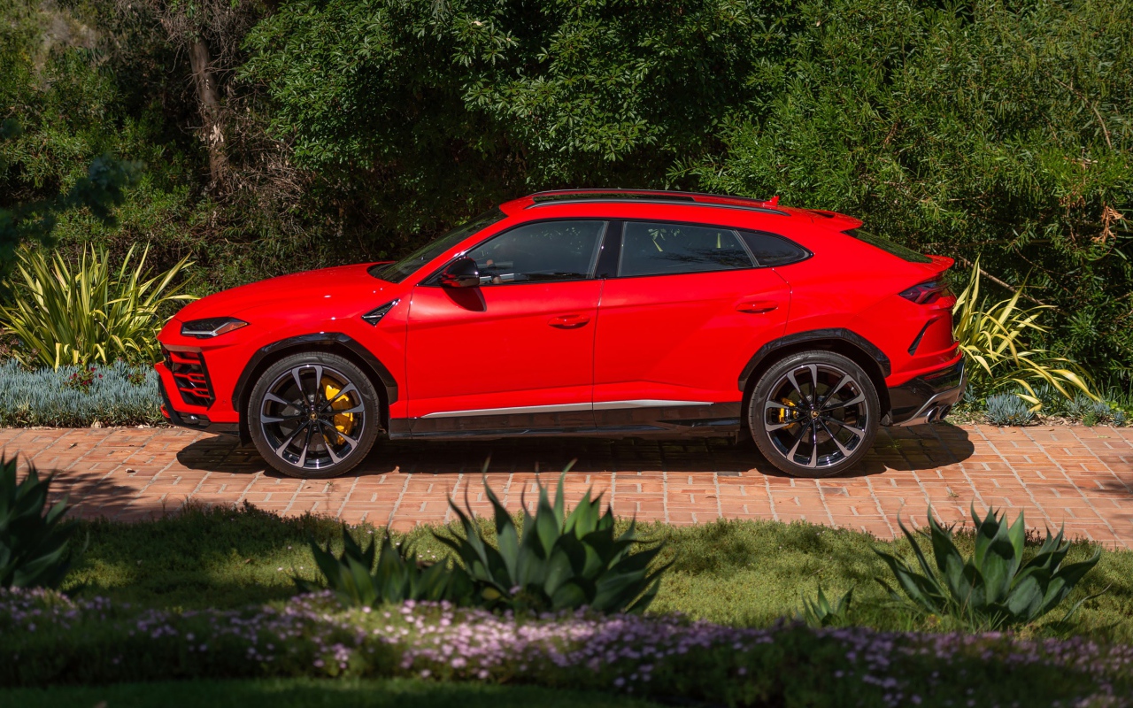 Красный автомобиль Lamborghini Urus вид сбоку 