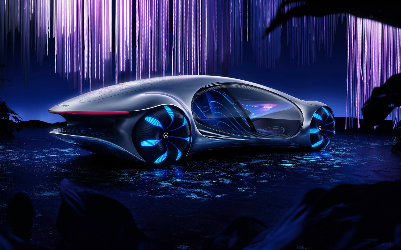 Футуристический автомобиль Mercedes-Benz VISION AVTR 2020 года на неоновом фоне