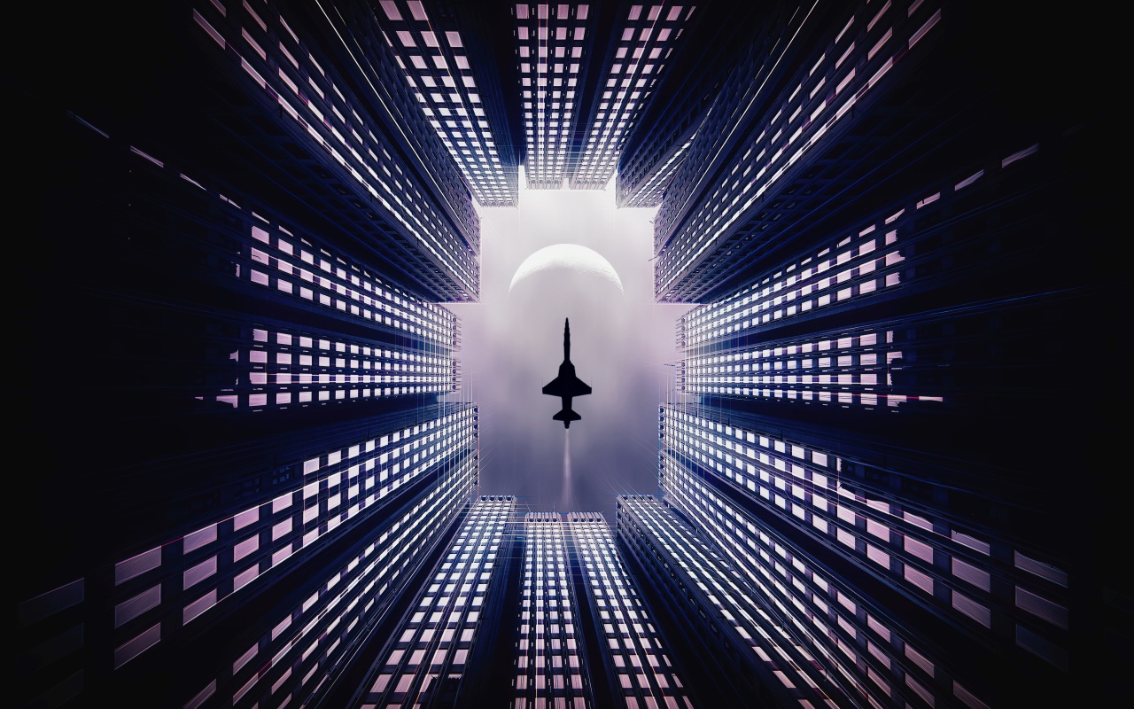 Самолет летит над небоскребами 