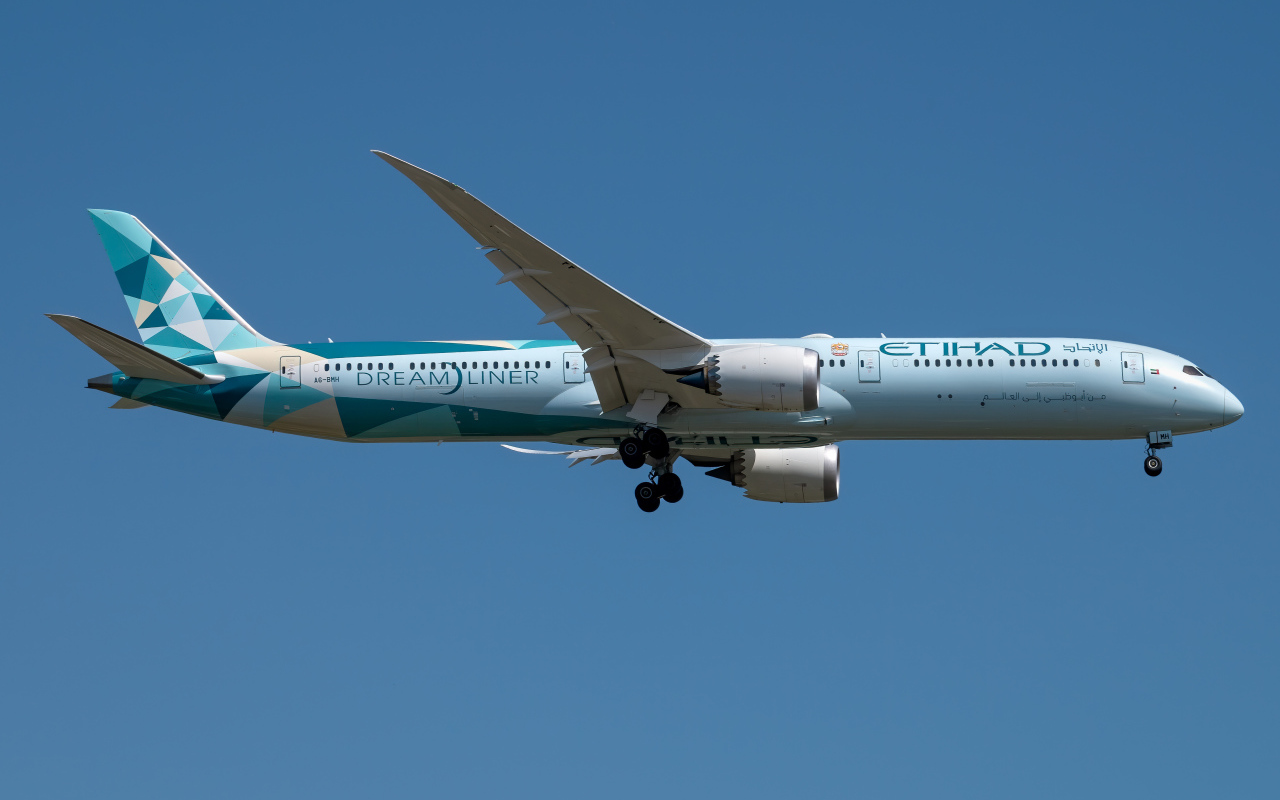 Пассажирский самолет авиакомпании  Dreamliner убирает шасси в небе 