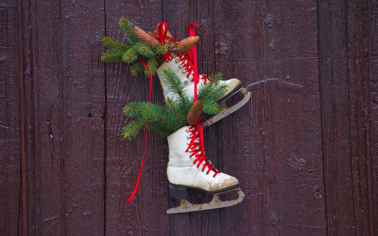 Старые коньки с еловыми ветками на двери 