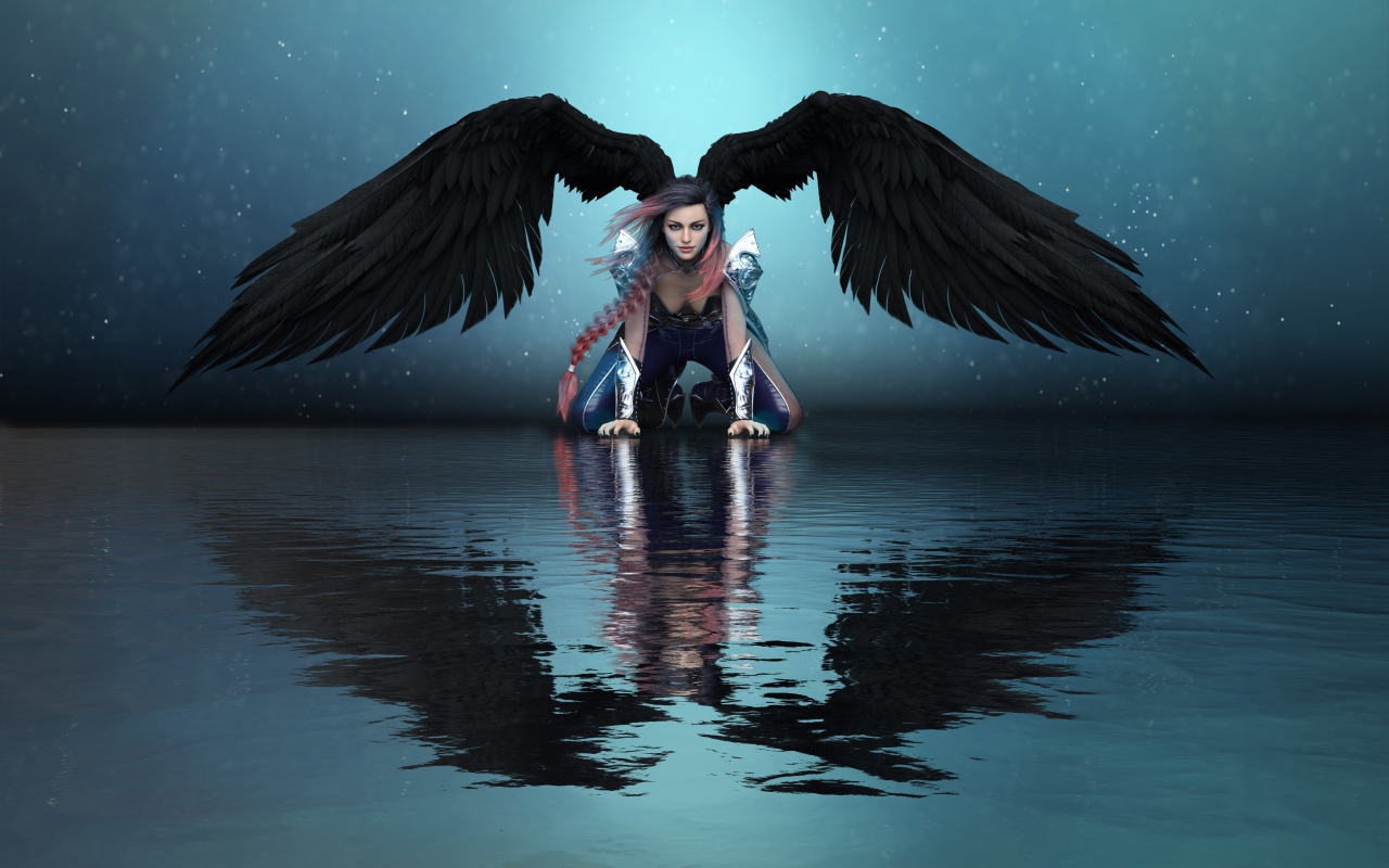 Фантастическая девушка ангел с черными крыльями отражается в воде 