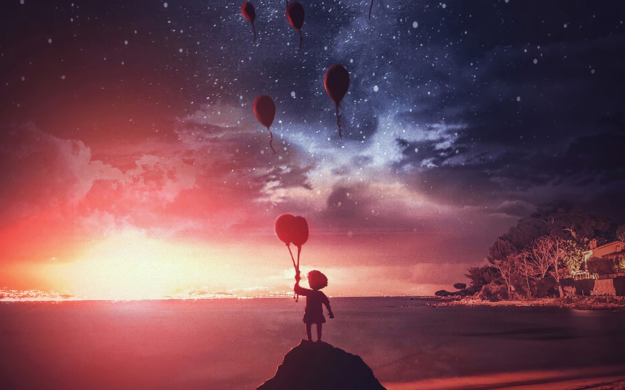 Маленький мальчик запускает в ночное небо воздушные шары на берегу реки