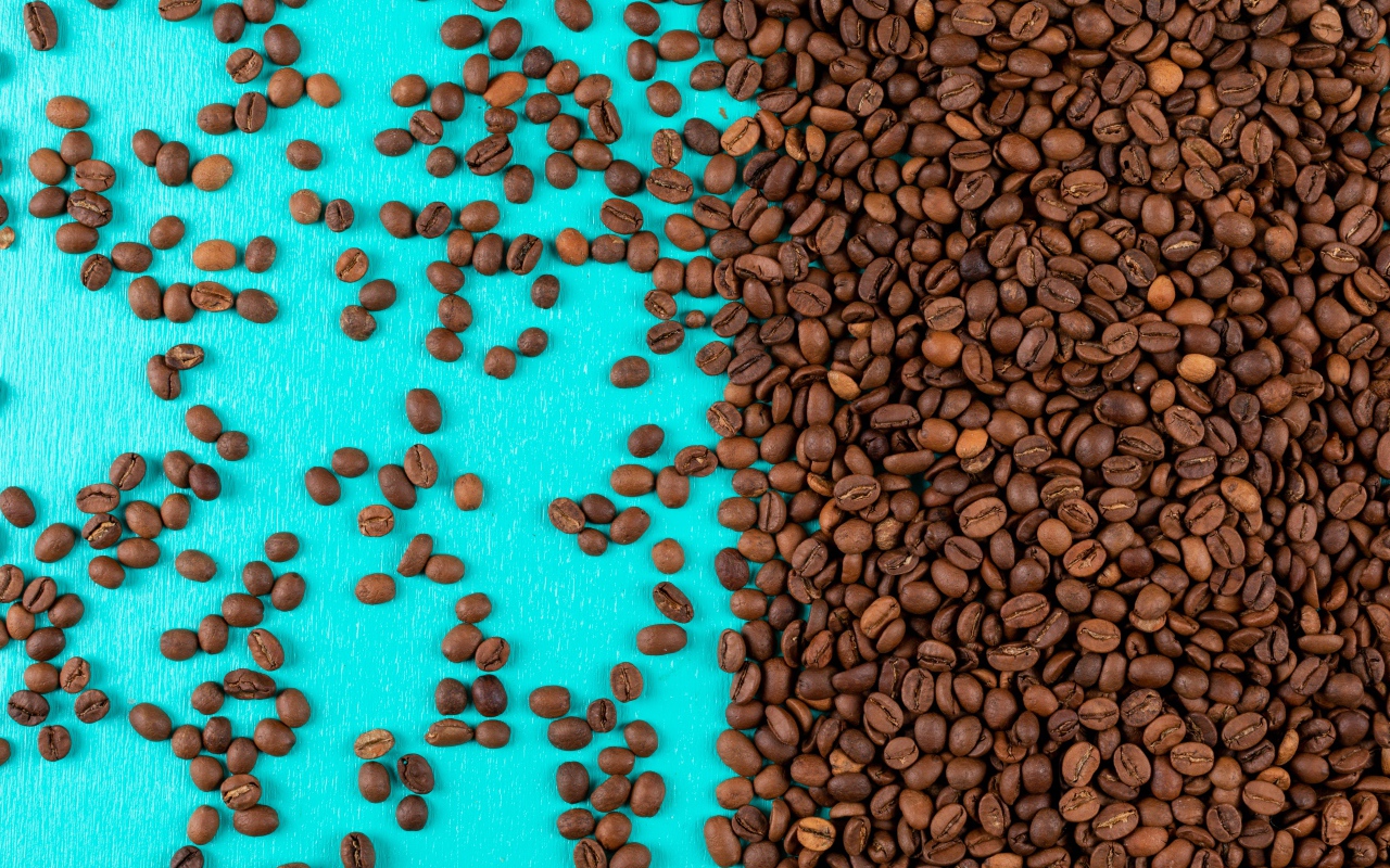 Много обжаренных кофейных зерен на голубом фоне