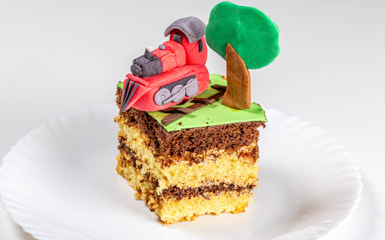 Кусок торта на белой тарелке с декором 