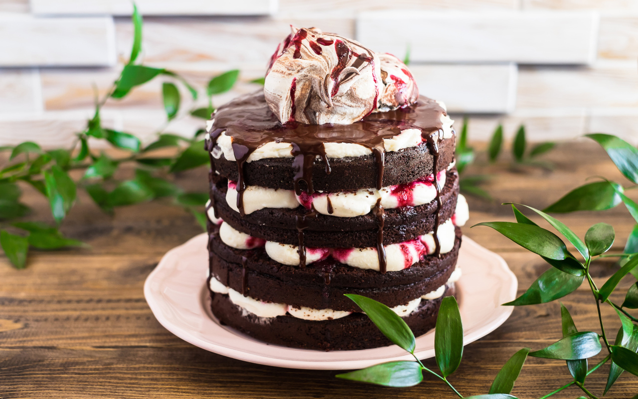 Вкусный шоколадный торт с кремом на столе 