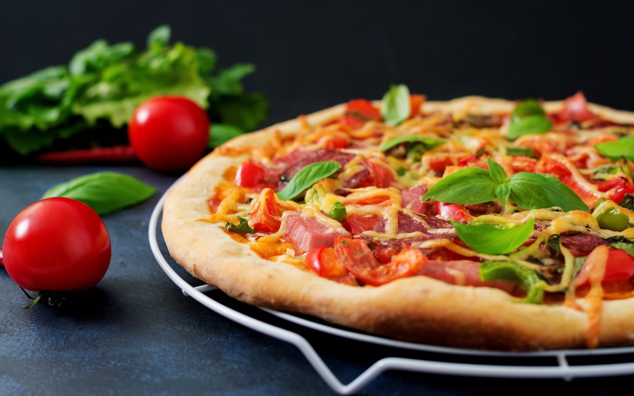 Appetizing pizza with bacon and rosemary