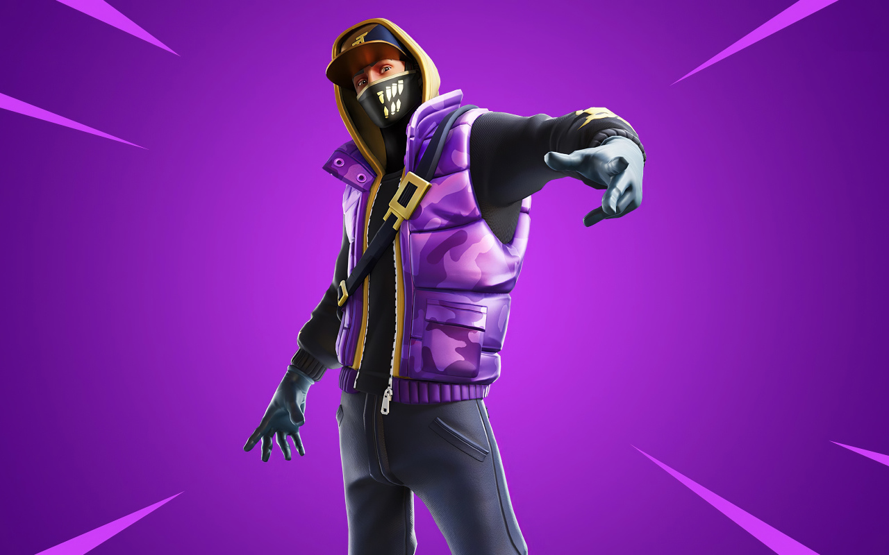 Masked guy character on Fortnite computer game on lilac background