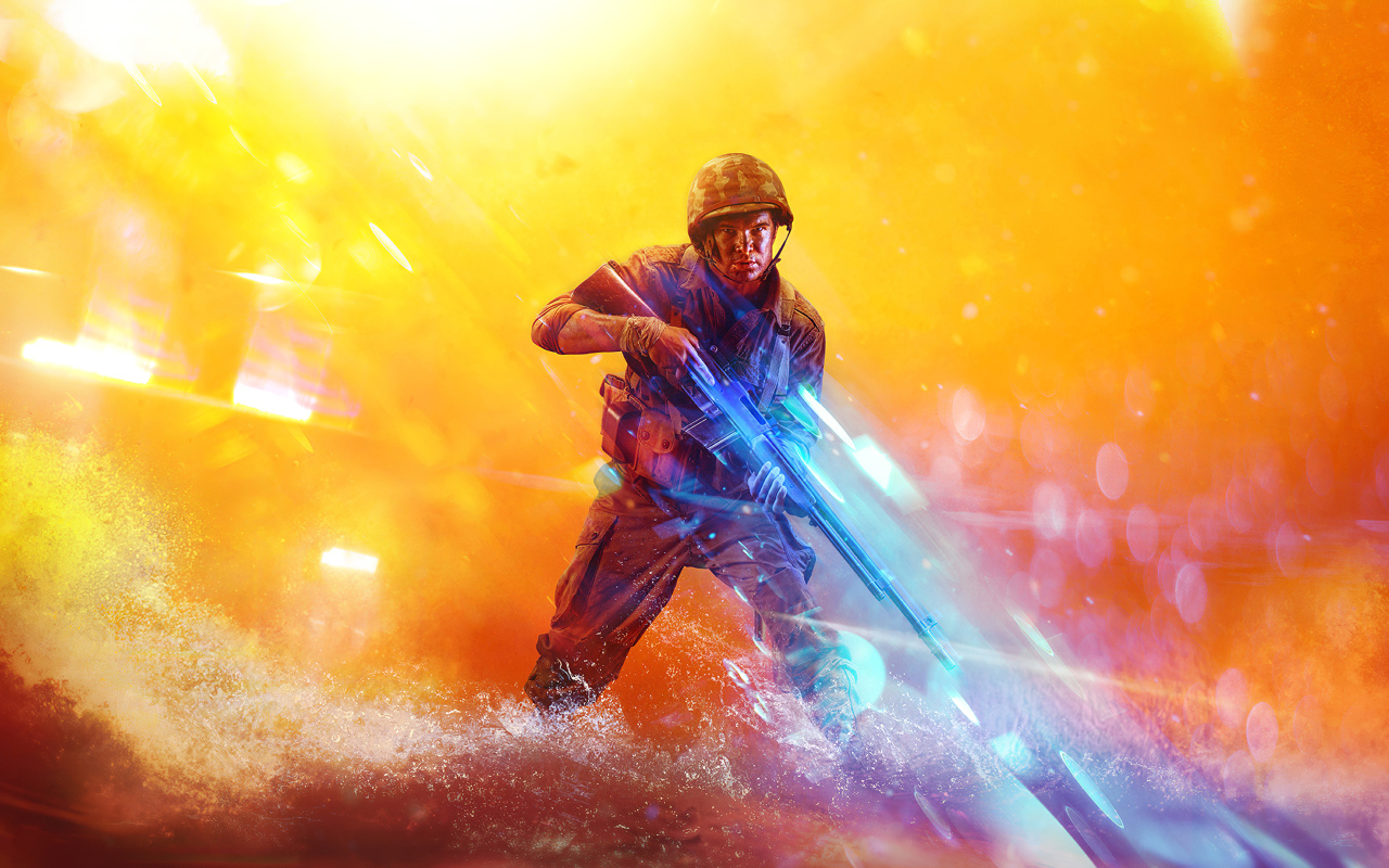 The soldier with weapons from the computer game Battlefield 5