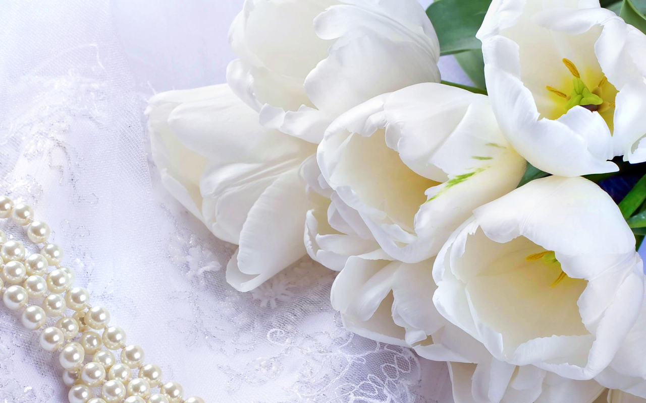 Букет белых тюльпанов с жемчужными бусами на 8 марта