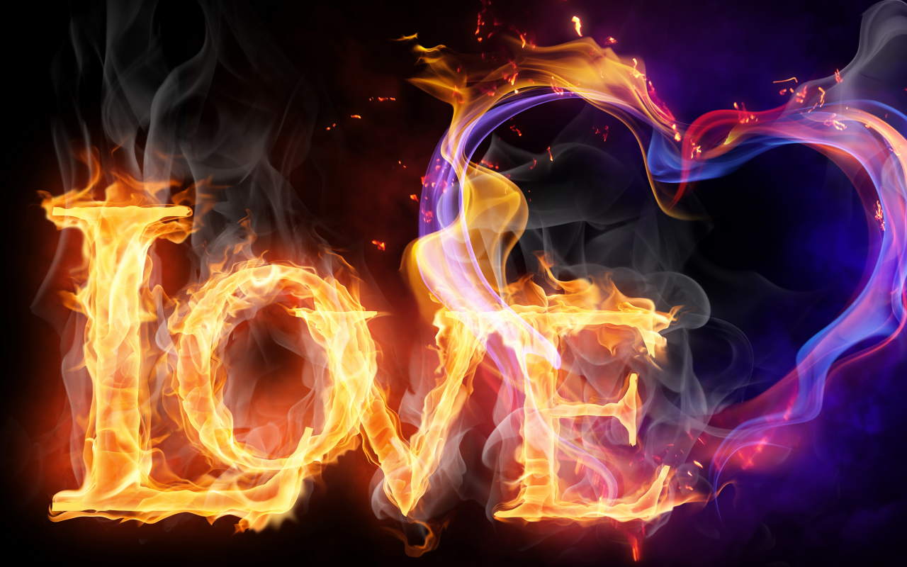 Огненное сердце и надпись любовь на черном фоне