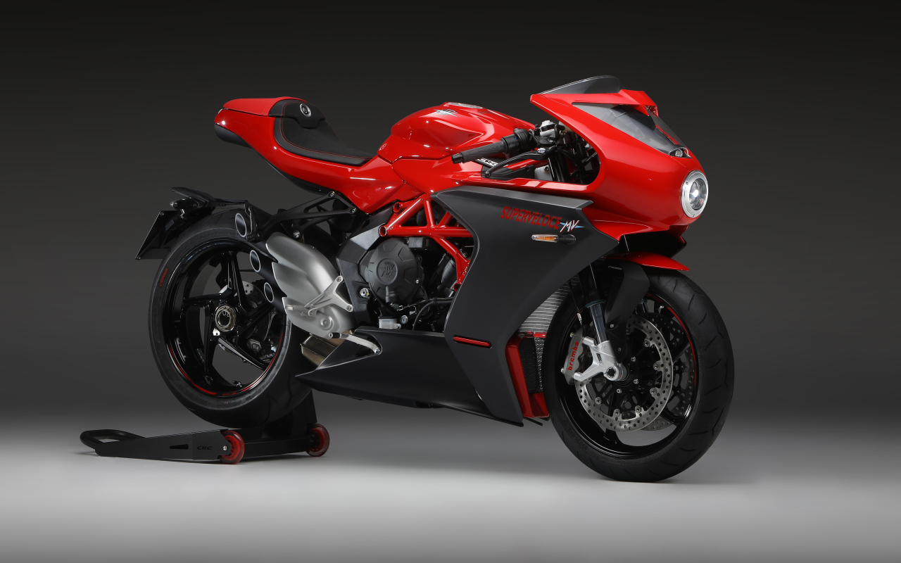 Red race bike Agusta Superveloce 800, 2020 on a gray background