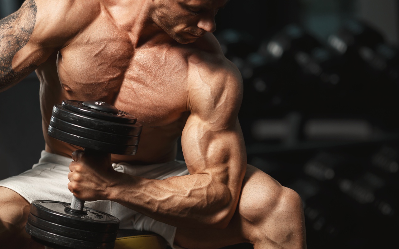 Сильный мужчина качает мускулы гантелей 
