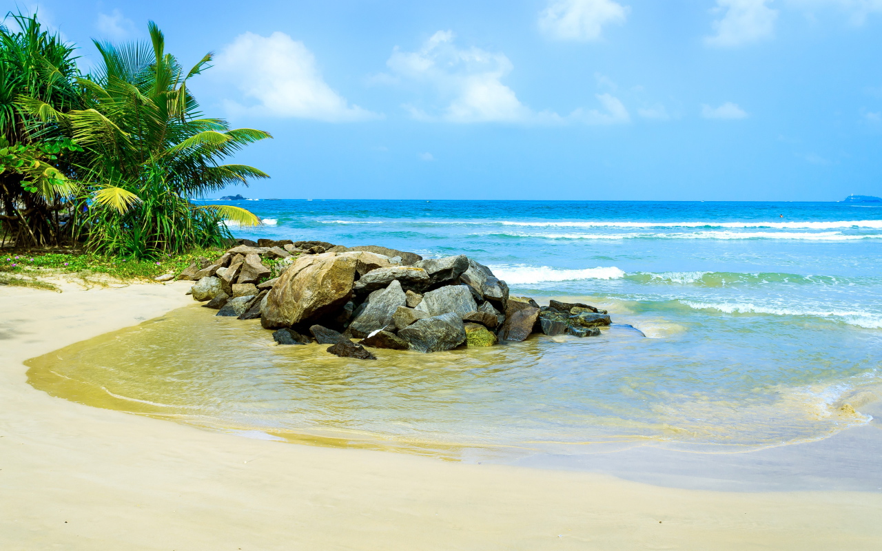 Много камней на берегу тропического пляжа летом