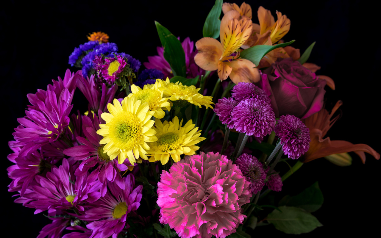 Букет разноцветных цветов на черном фоне крупным планом