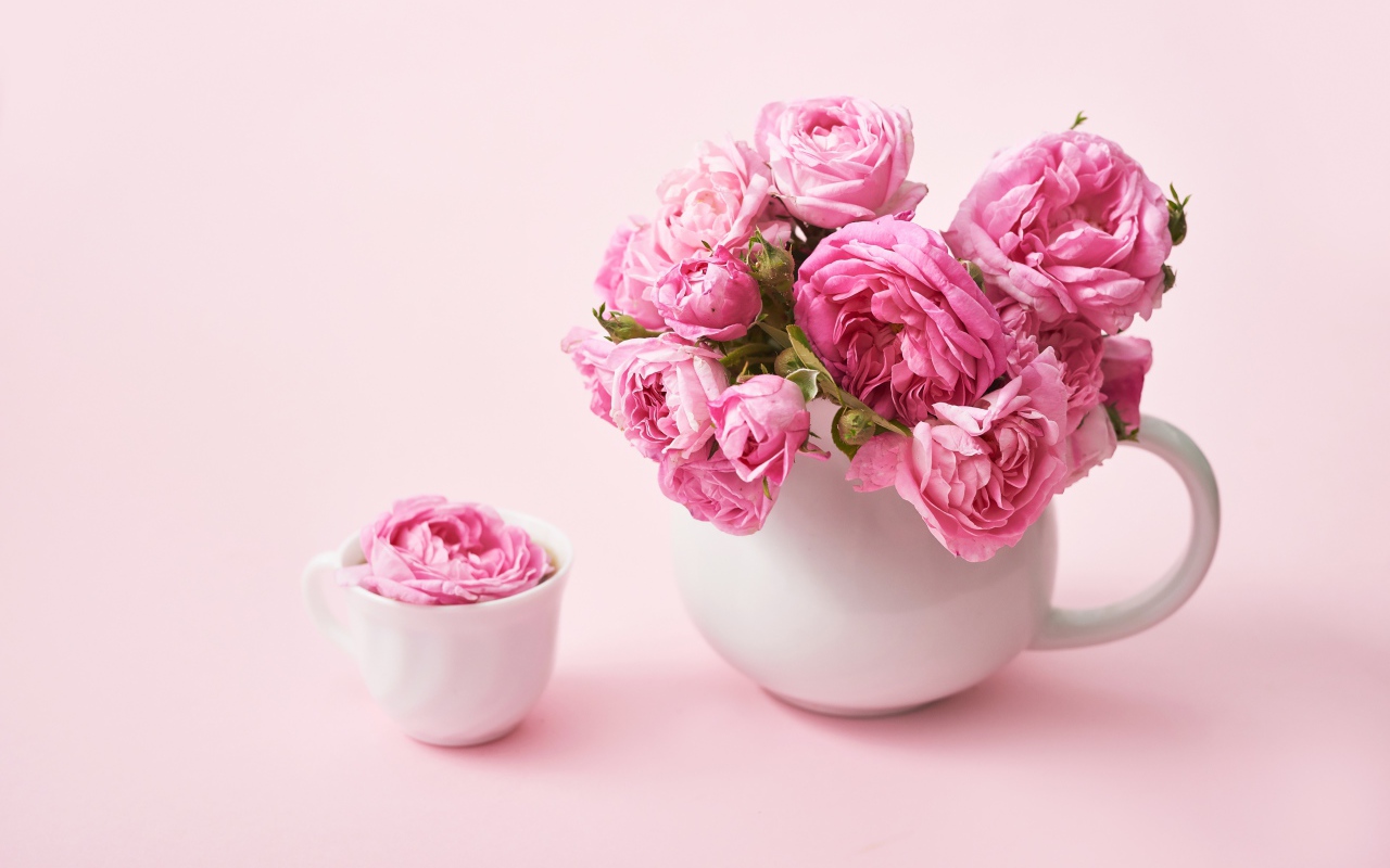 Букет розовых роз в белом кувшине на столе