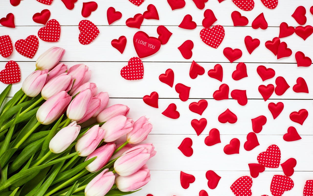 Букет розовых тюльпанов на белом фоне с красными сердечками