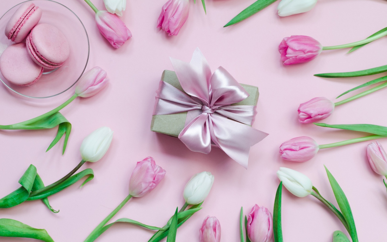 Тюльпаны на розовом фоне с подарком и десертом макарон 
