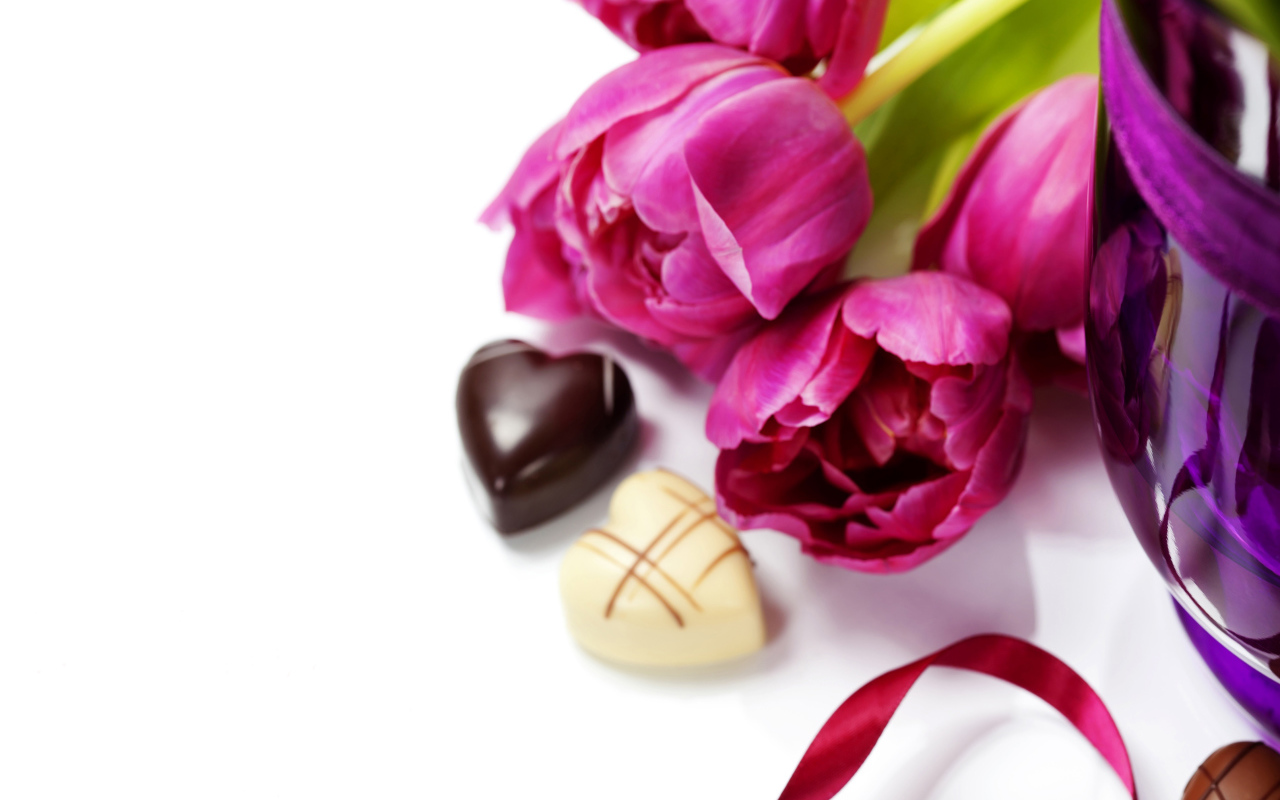 Тюльпаны на белом фоне с шоколадными конфетами