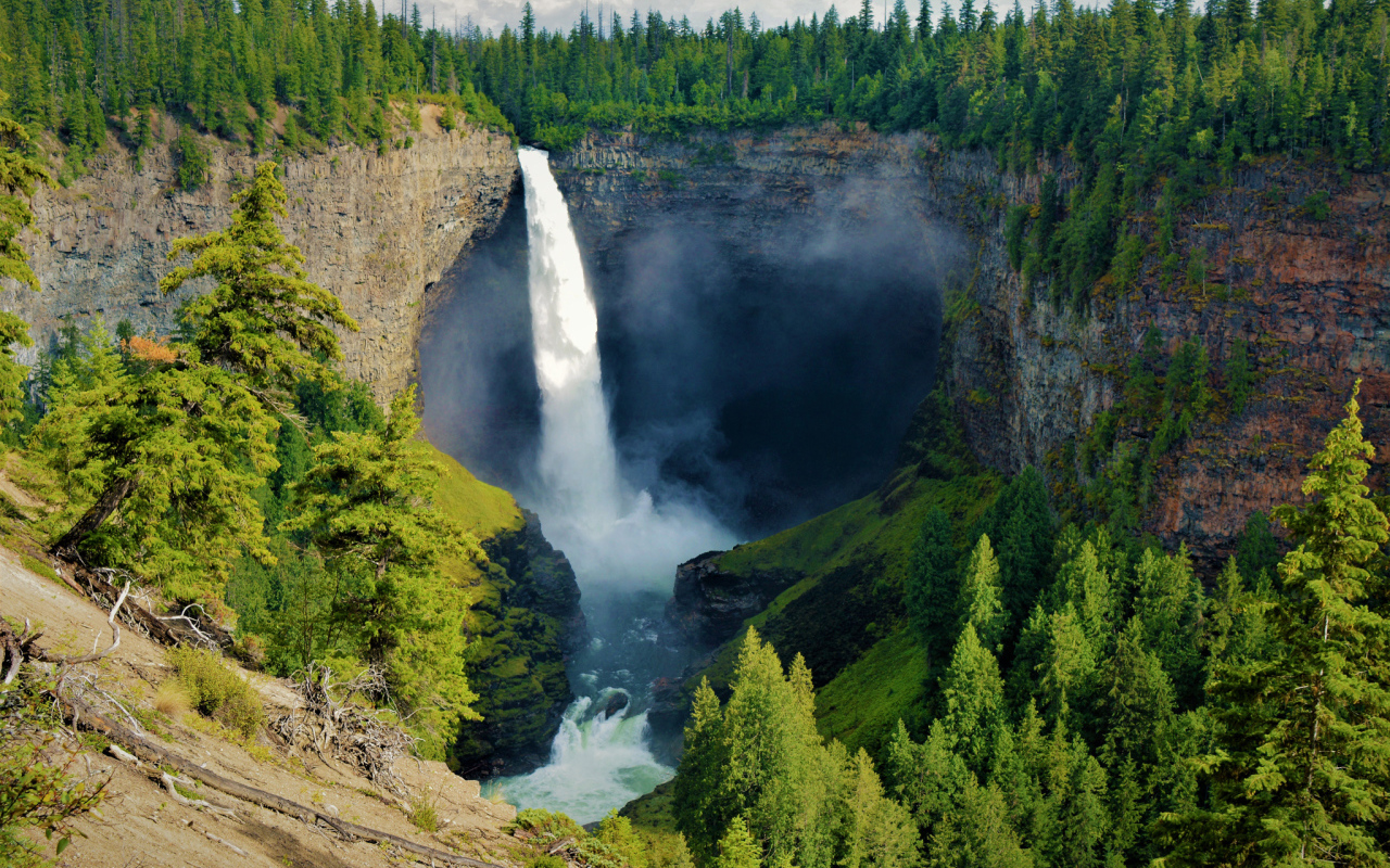 Водопад стекает с утеса в лесу, Канада 