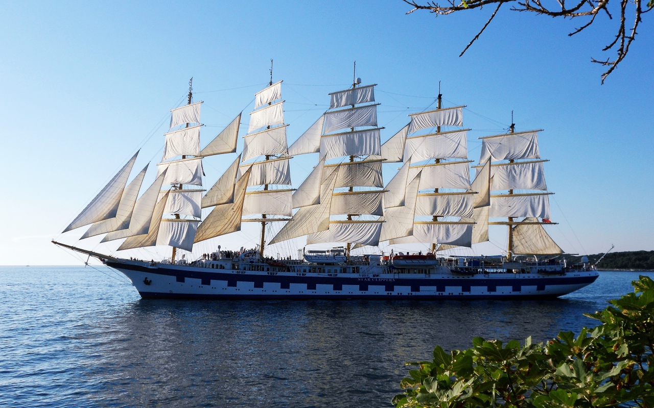 Большой корабль с белыми парусами идет в плаванье